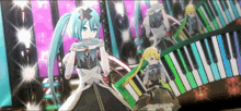 a girl with a cross on her head is standing in front of a piano