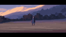 a cartoon of a man holding a red umbrella in front of mountains
