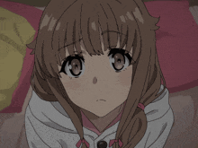 a close up of a brown haired anime girl with a white shirt
