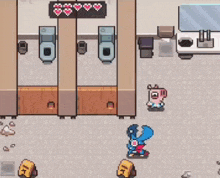 a pixel art drawing of a bathroom with hearts on it