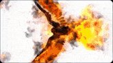 a painting of a person flying through the air with fire coming out of their eyes