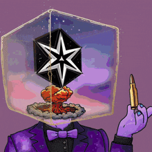 a cartoon of a man in a suit holding a bullet with a star in the background