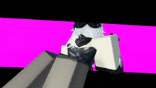 a girl with white hair and goggles is sitting on a pink background