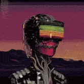 a painting of a robot wearing a helmet and goggles with a purple sky behind it