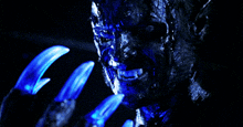 a close up of a werewolf with blue eyes