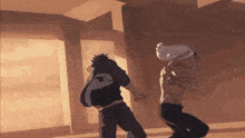 a couple of men are standing next to each other in a room .