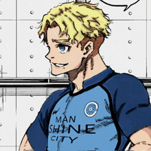 a man wearing a blue shirt that says man shine city on it