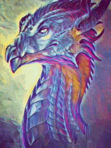 a colorful painting of a dragon 's head with a yellow background