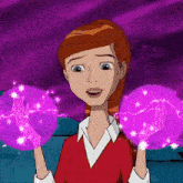 a cartoon girl with red hair is holding a purple object in her hands