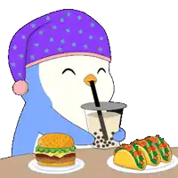 a penguin wearing a purple hat is drinking a bubble tea while eating tacos and a hamburger