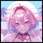 a girl with pink hair and a choker is smiling .