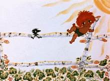 a cartoon of a boy climbing a tree branch