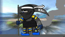a cartoon character is holding a flag that says wah on it