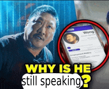 a picture of a man next to a phone that says why is he still speaking ?