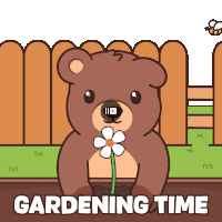 a cartoon of a bear holding a flower with the words gardening time underneath it