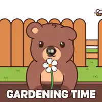 a cartoon of a bear holding a flower with the words gardening time underneath it