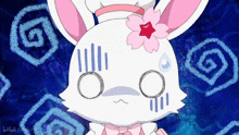 a white rabbit with a pink flower on its head is surrounded by blue swirls