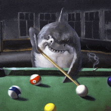 a painting of a shark playing pool with a cue