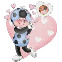 a ladybug is standing in front of a pink heart with hearts around it