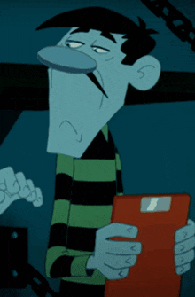 a cartoon character is holding a clipboard and making a face
