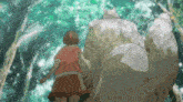 a girl and a wolf are walking through a forest together
