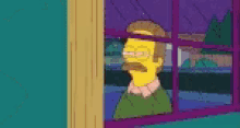 a cartoon character with a mustache is looking out of a window at night .