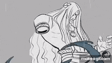 a black and white drawing of a woman with long hair holding a sword .