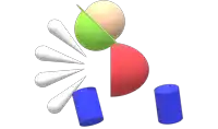 a red green and white sphere with a blue cylinder