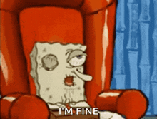 a cartoon of spongebob squarepants sitting in a red chair .