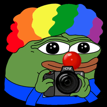 a green frog wearing a clown costume holds a honk camera