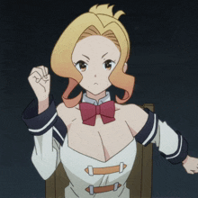 a girl with blonde hair and a red bow tie is sitting in a chair with her fist in the air