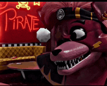 a cartoon character is standing in front of a sign that says " pirate "