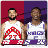 two basketball players one from the raptors and one from the kings are standing next to each other