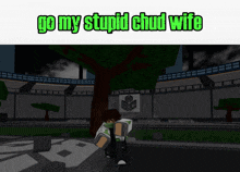 a screenshot of a video game with the words go my stupid chud wife at the top
