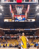 a basketball player in a yellow jersey is standing in front of a basketball hoop .