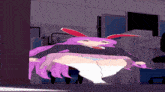 a cartoon character with purple hair and bunny ears is standing in a room