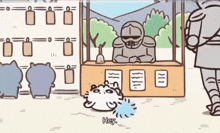 a cartoon of a knight standing behind a counter with the words hey written on it