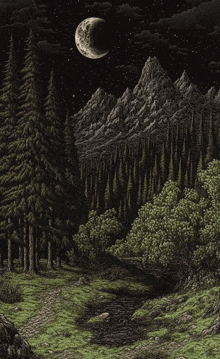 a painting of a forest with mountains in the background and a crescent moon in the sky