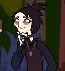 a cartoon character with black hair and a necklace is smiling while standing next to a man .