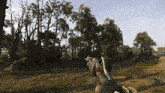a person is holding a shotgun in a field with trees in the background