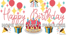 a happy birthday greeting card with a cake and gifts