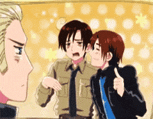 a cartoon of a man giving a thumbs up to two other men