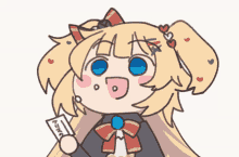 a drawing of a girl holding a piece of paper that says anime on it