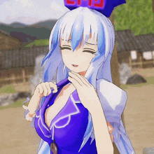 a cartoon girl with white hair and a purple dress has a purple hat with the letter l on it