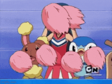 a cheerleader with pink hair is standing next to a penguin