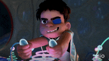 a cartoon of a boy with a blue eye and the word elio on the bottom