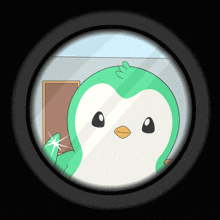 a cartoon of a green penguin looking through a telescope