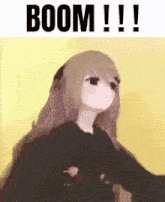 a girl with long hair is standing in front of a boom sign