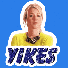 a sticker of a woman with the word vikes in purple glitter