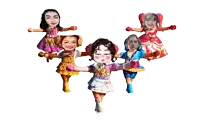 a group of dolls with their arms outstretched and their faces on them including one that says np